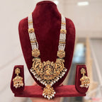 Jewel City Antique Gold-Plated Temple Lakshmi Haram Necklace Set with White Beads & Jhumka Earrings | Grocsy