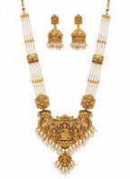 Jewel City Antique Gold-Plated Temple Lakshmi Haram Necklace Set with White Beads & Jhumka Earrings | Grocsy