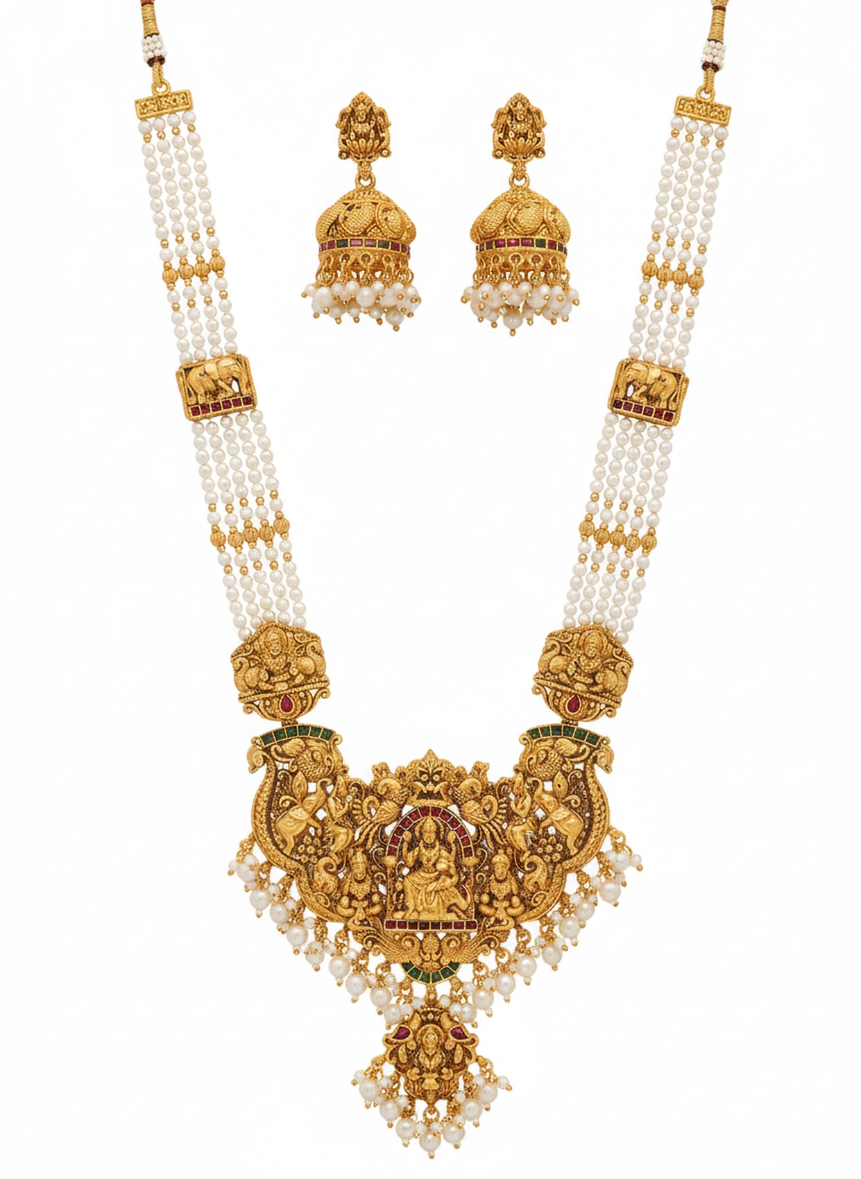 Jewel City Antique Gold-Plated Temple Lakshmi Haram Necklace Set with White Beads & Jhumka Earrings | Grocsy
