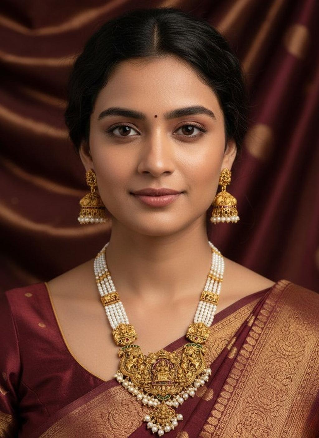 Jewel City Antique Gold-Plated Temple Lakshmi Haram Necklace Set with White Beads & Jhumka Earrings | Grocsy
