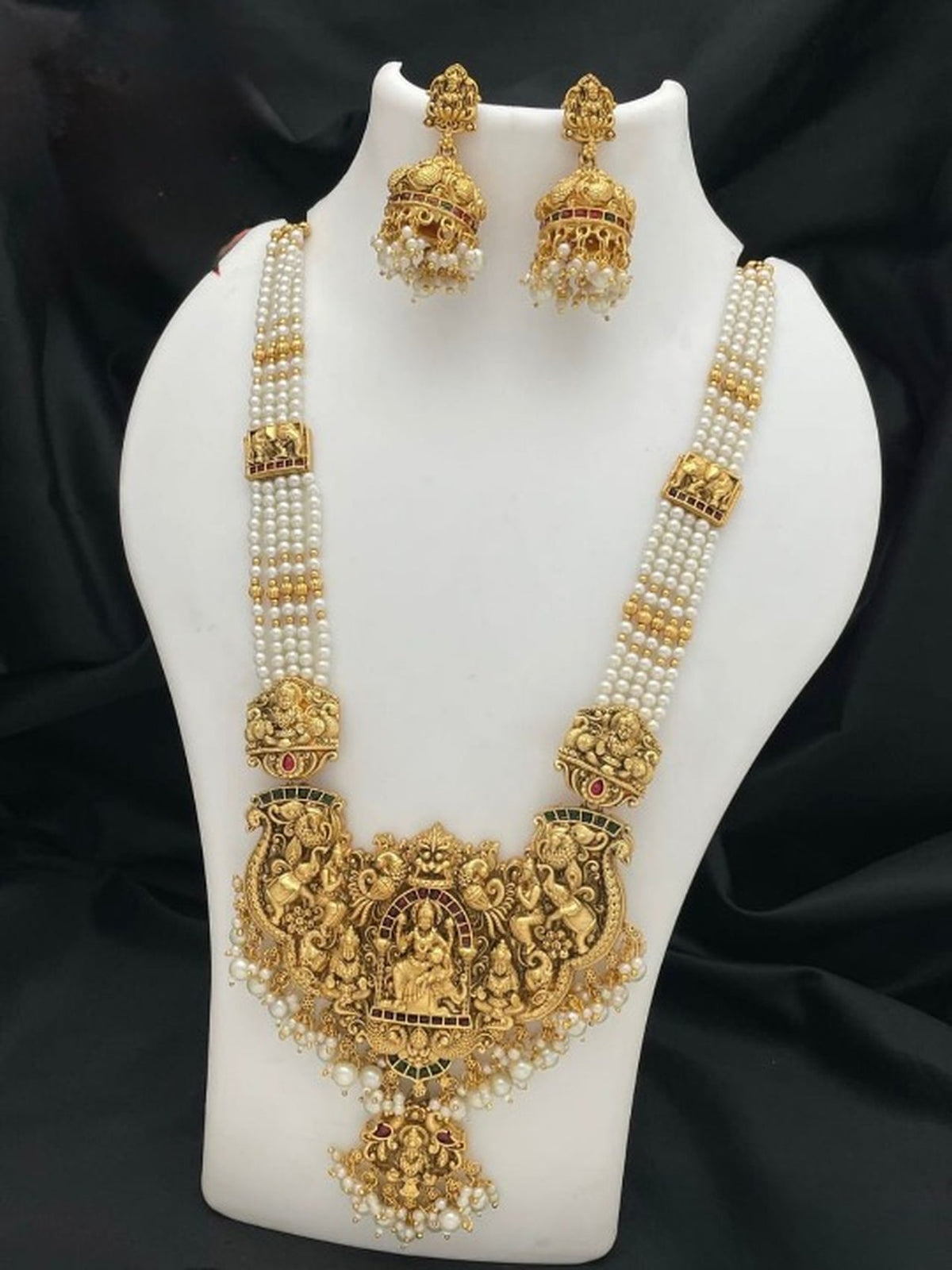 Jewel City Antique Gold-Plated Temple Lakshmi Haram Necklace Set with White Beads & Jhumka Earrings | Grocsy