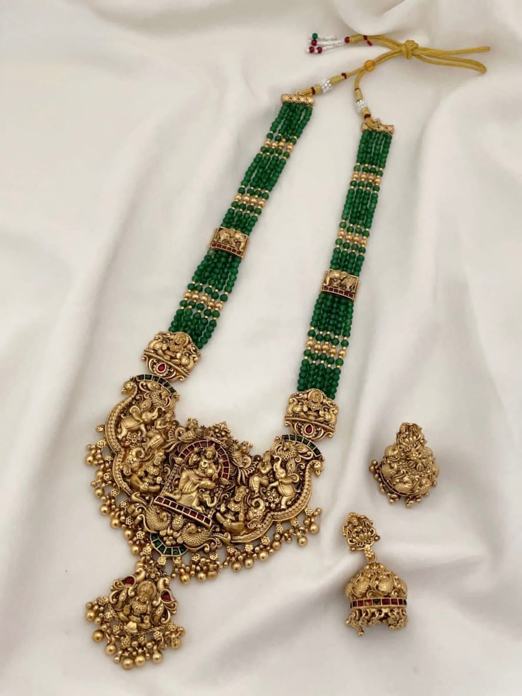Jewel City Royal Temple Lakshmi Gold-Plated Bridal Haram Necklace Set with Jhumka Earrings, Green Beads, Traditional Jewelry | Grocsy