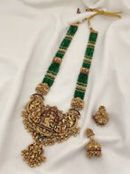 Jewel City Royal Temple Lakshmi Gold-Plated Bridal Haram Necklace Set with Jhumka Earrings, Green Beads, Traditional Jewelry | Grocsy