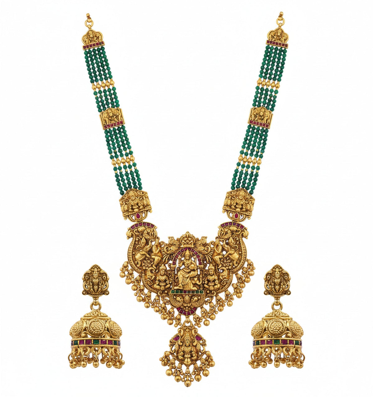 Jewel City Royal Temple Lakshmi Gold-Plated Bridal Haram Necklace Set with Jhumka Earrings, Green Beads, Traditional Jewelry | Grocsy