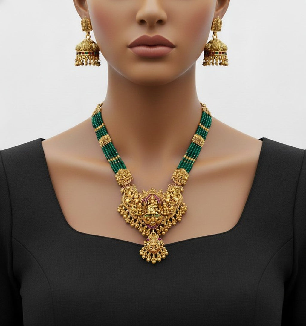 Jewel City Royal Temple Lakshmi Gold-Plated Bridal Haram Necklace Set with Jhumka Earrings, Green Beads, Traditional Jewelry | Grocsy