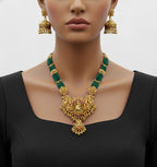 Jewel City Royal Temple Lakshmi Gold-Plated Bridal Haram Necklace Set with Jhumka Earrings, Green Beads, Traditional Jewelry | Grocsy