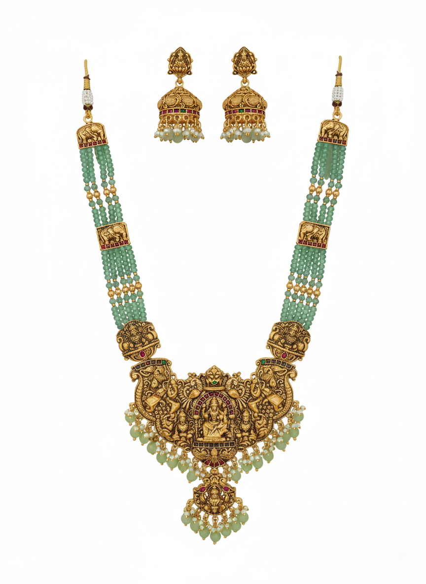Jewel City Antique Gold-Plated Temple Lakshmi Haram Necklace Set with Green Beads & Jhumka Earrings | Grocsy