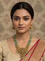 Jewel City Antique Gold-Plated Temple Lakshmi Haram Necklace Set with Green Beads & Jhumka Earrings | Grocsy