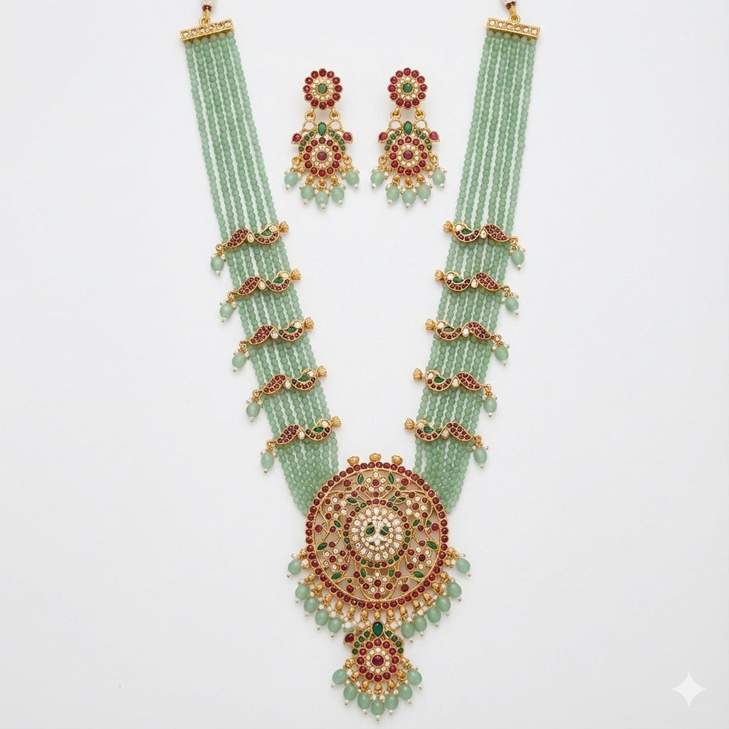 Jewel City Handcrafted Kundan & Mint Green Bead Long Necklace Set | Traditional Gold-Plated Ethnic Jewelry For Weddings & Bridal | Grocsy