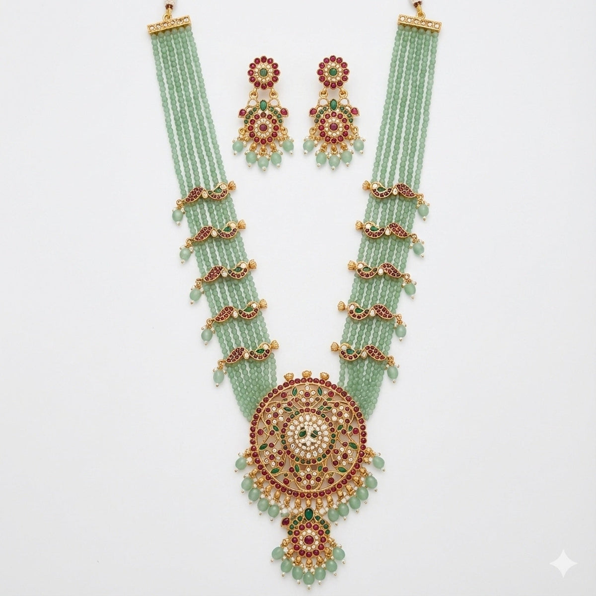 Jewel City Handcrafted Kundan & Mint Green Bead Long Necklace Set | Traditional Gold-Plated Ethnic Jewelry For Weddings & Bridal | Grocsy
