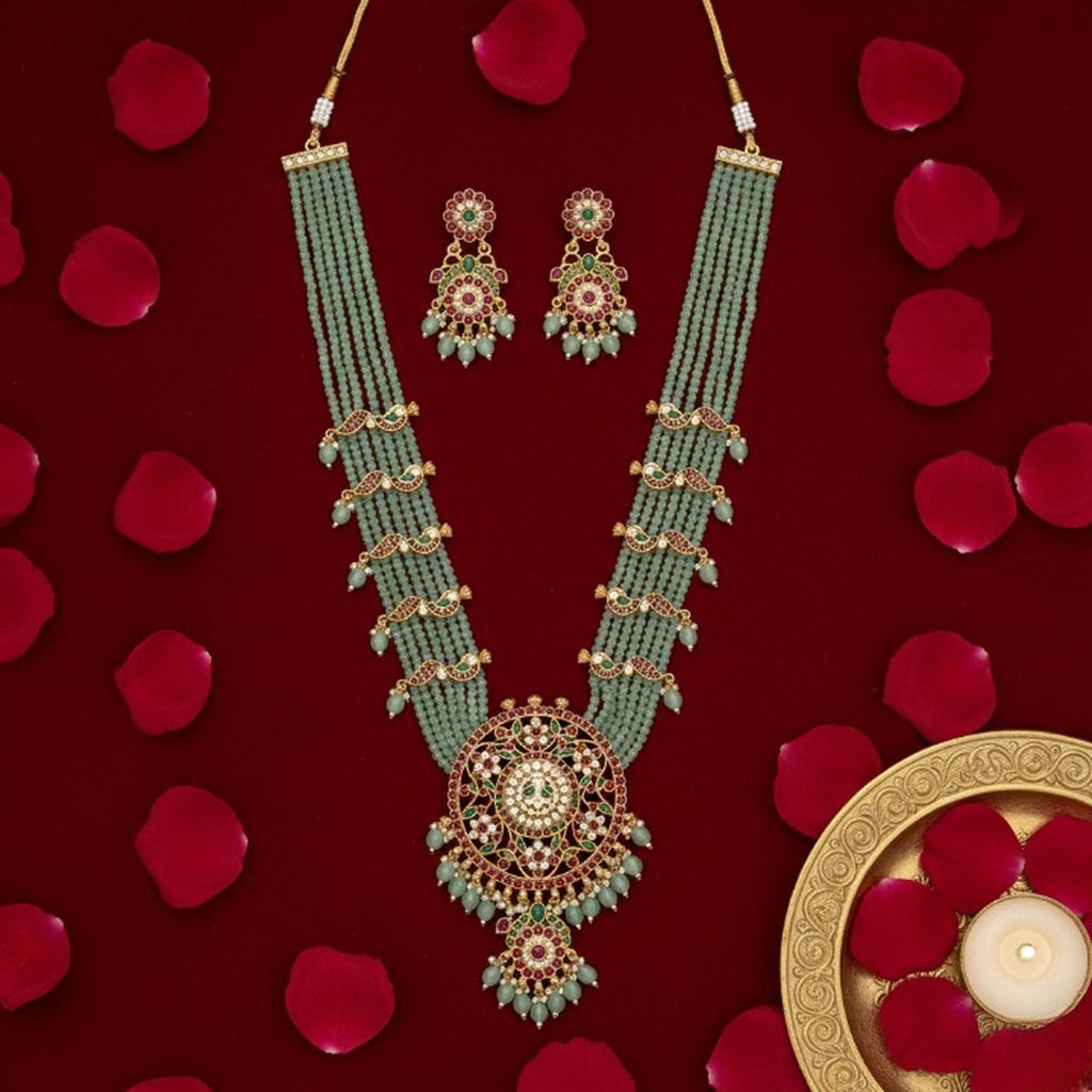 Jewel City Handcrafted Kundan & Mint Green Bead Long Necklace Set | Traditional Gold-Plated Ethnic Jewelry For Weddings & Bridal | Grocsy