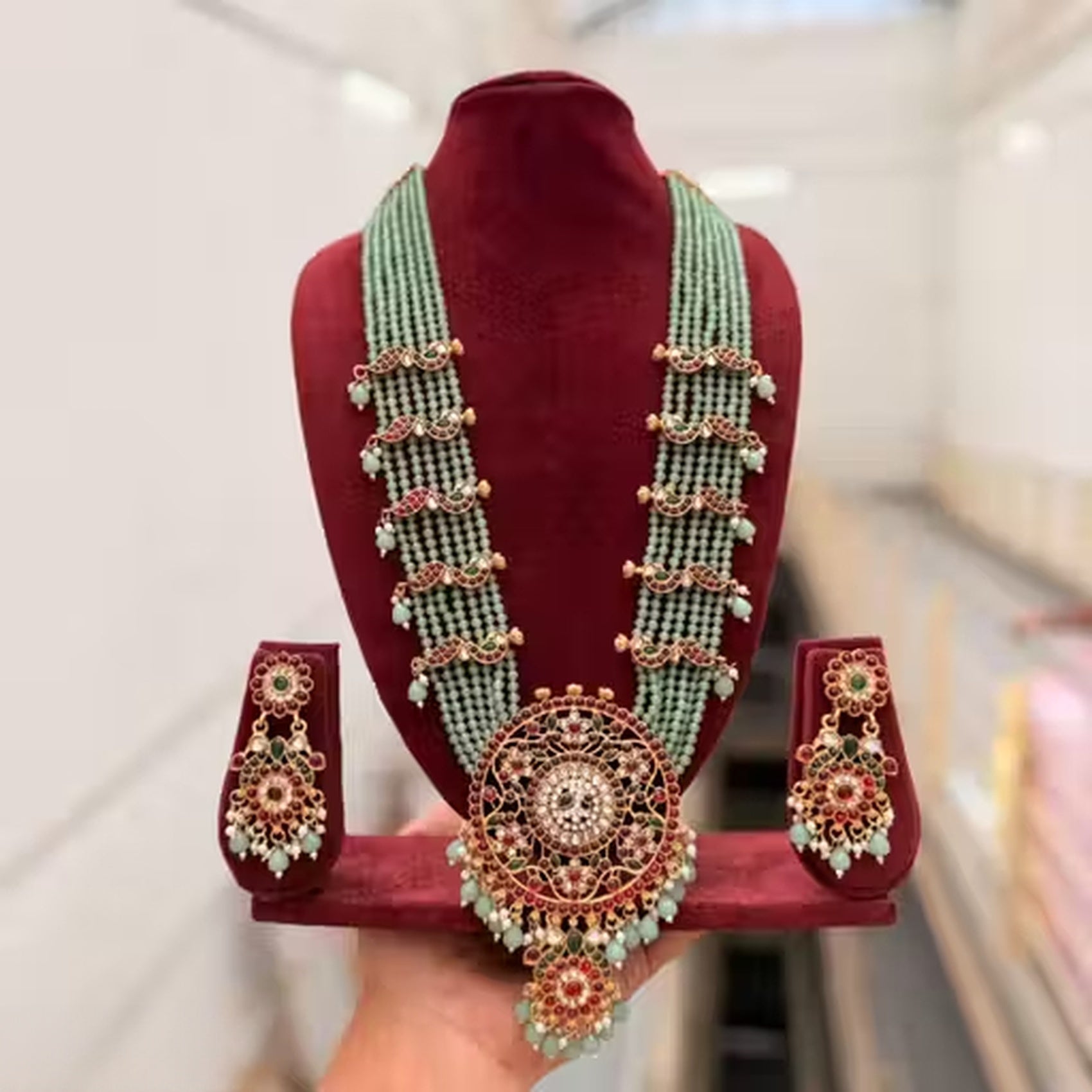 Jewel City Handcrafted Kundan & Mint Green Bead Long Necklace Set | Traditional Gold-Plated Ethnic Jewelry For Weddings & Bridal | Grocsy