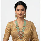 Jewel City Handcrafted Kundan & Mint Green Bead Long Necklace Set | Traditional Gold-Plated Ethnic Jewelry For Weddings & Bridal | Grocsy
