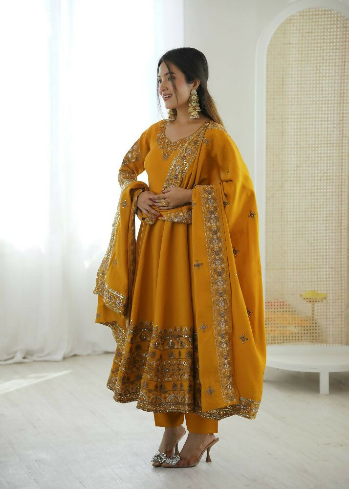 Teeya Creation Yellow Roman Silk Embroidery Work Party Wear long Gown | Grocsy