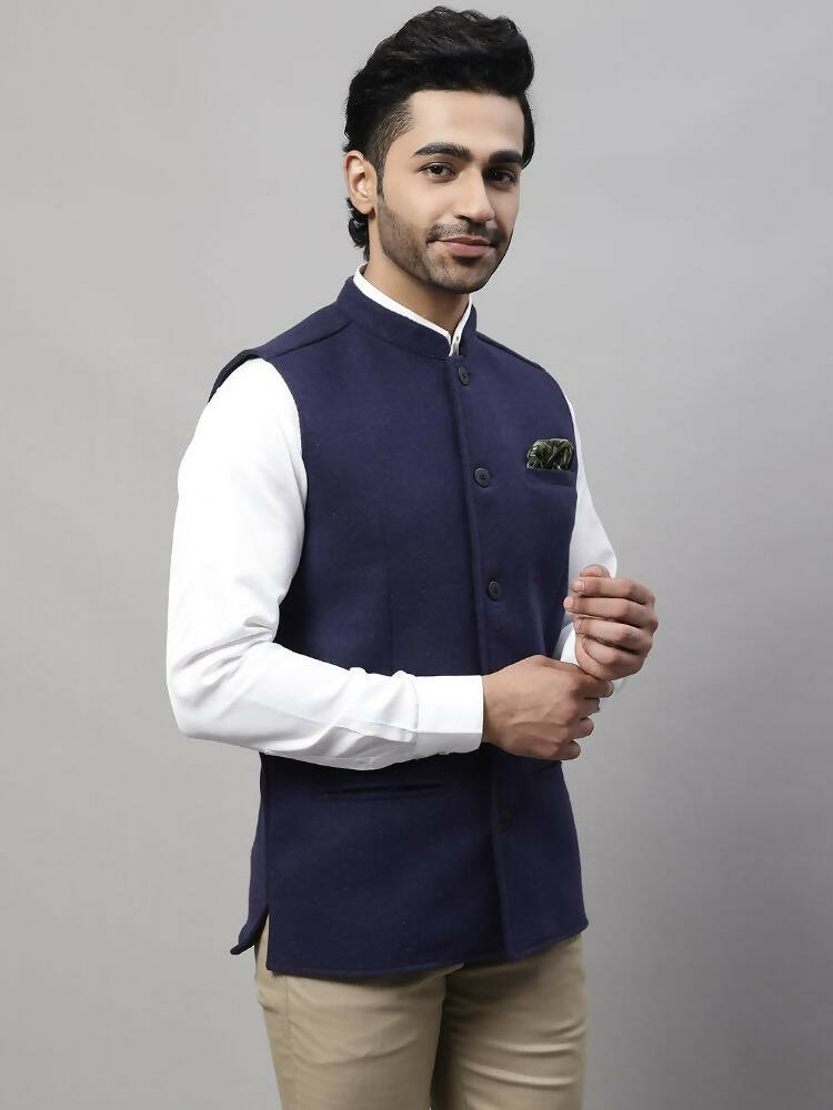 Even Apparels Pure Wool Nehru Jacket - Navy | Grocsy
