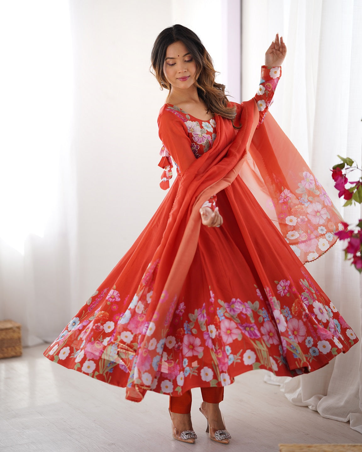 Evanik Rust Soft Organza Silk With Floral Print Fully Flared Anarkali Pant With Dupatta Set | Grocsy