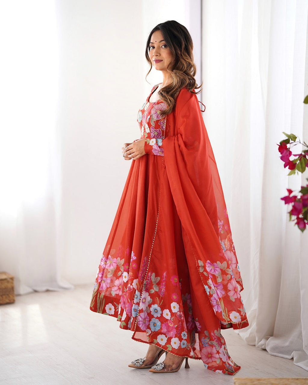Evanik Rust Soft Organza Silk With Floral Print Fully Flared Anarkali Pant With Dupatta Set | Grocsy