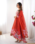 Evanik Rust Soft Organza Silk With Floral Print Fully Flared Anarkali Pant With Dupatta Set | Grocsy