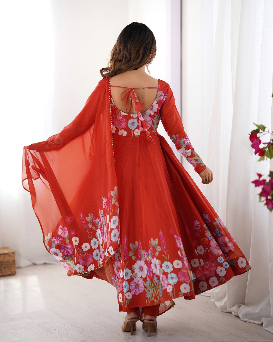 Evanik Rust Soft Organza Silk With Floral Print Fully Flared Anarkali Pant With Dupatta Set | Grocsy