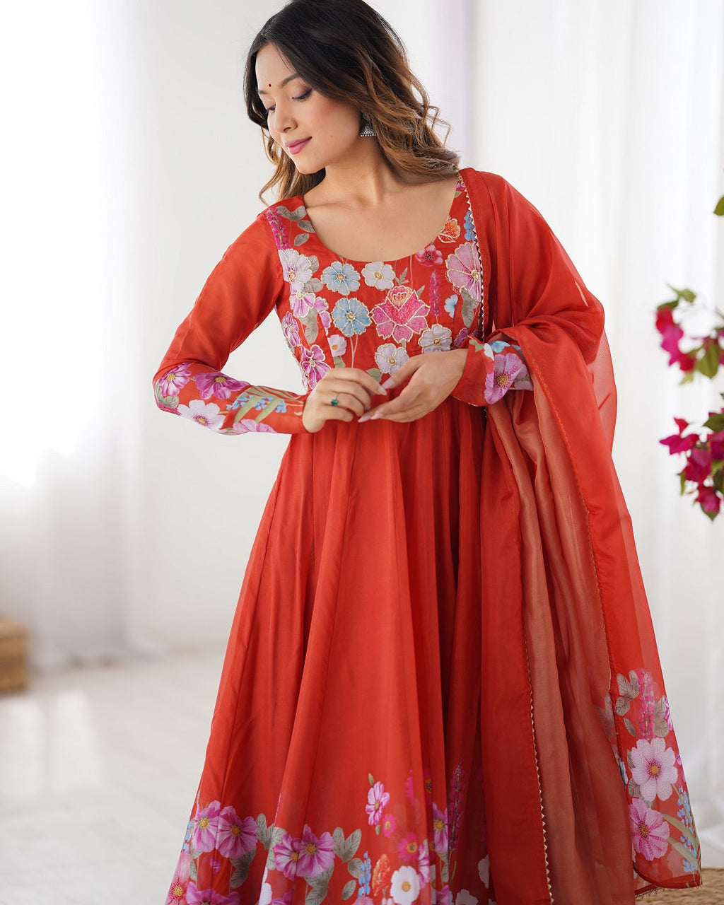Evanik Rust Soft Organza Silk With Floral Print Fully Flared Anarkali Pant With Dupatta Set | Grocsy
