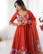 Evanik Rust Soft Organza Silk With Floral Print Fully Flared Anarkali Pant With Dupatta Set | Grocsy