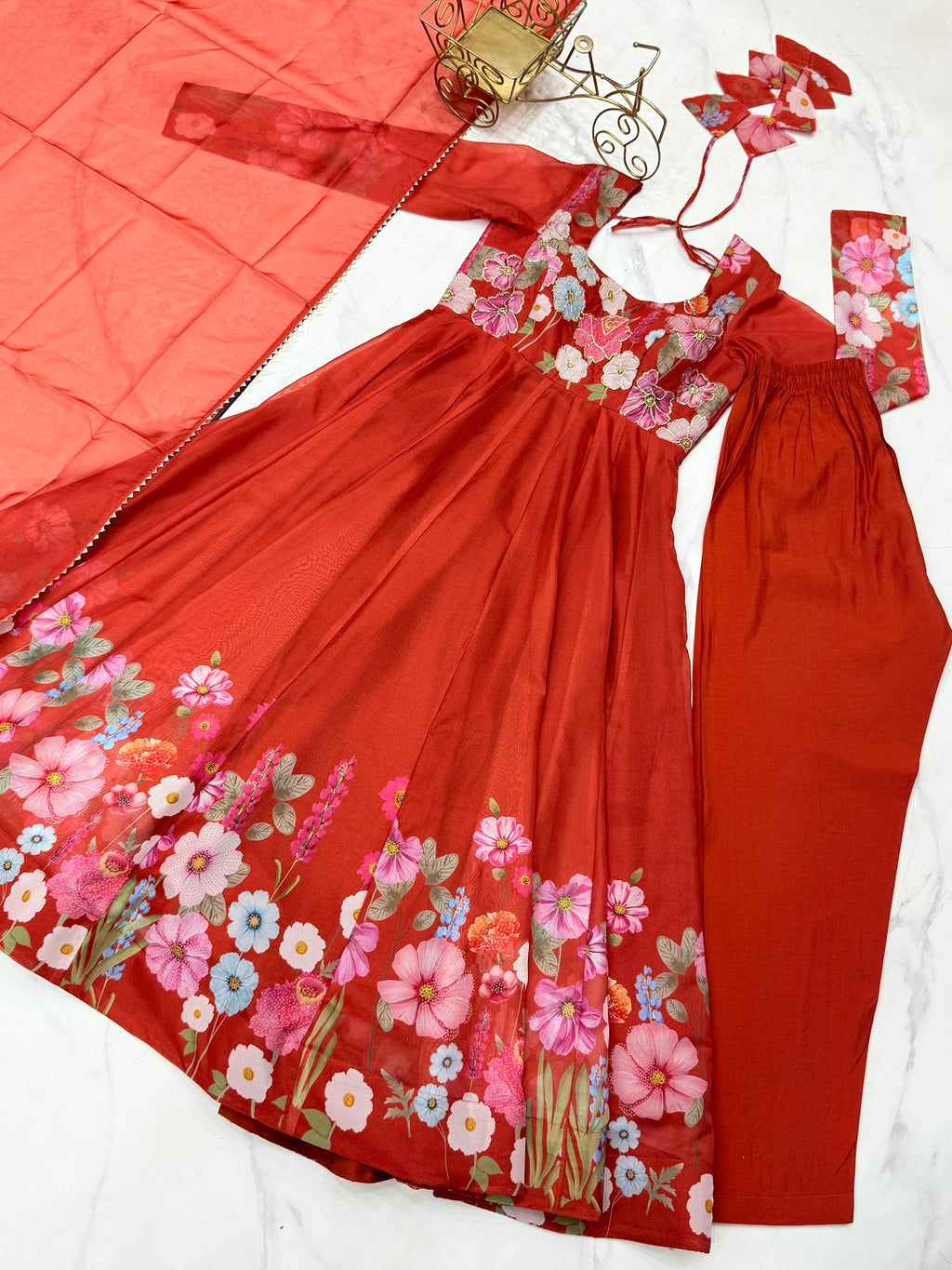 Evanik Rust Soft Organza Silk With Floral Print Fully Flared Anarkali Pant With Dupatta Set | Grocsy
