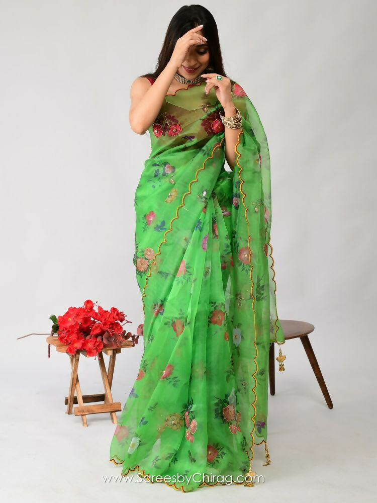 Vamsee Nakshatra Latakn Green Organza Saree | Grocsy