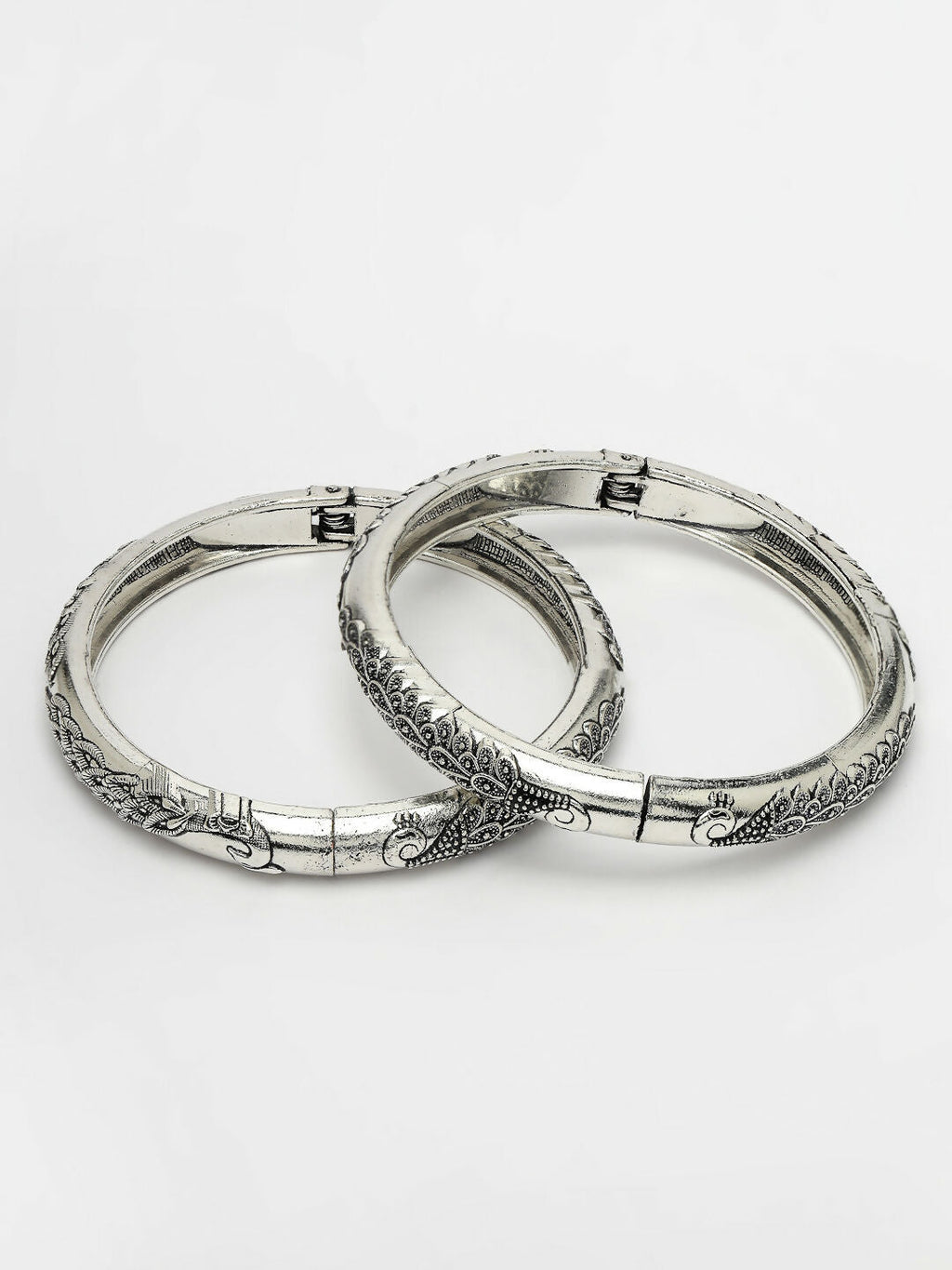 NVR Women's Set of 2 Silver-Toned German Silver Peacock Design Oxidised Kada Bangle