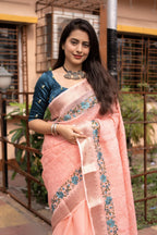 Pink Pure Linen Woven Design Saree with Unstitched Blouse - A2M | Grocsy