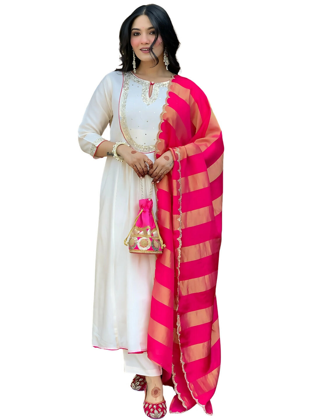 The52 White Women's Gorgeous Embroidered Work Chanderi Fabric Flared Kurta Pant and Dupatta Set | Grocsy