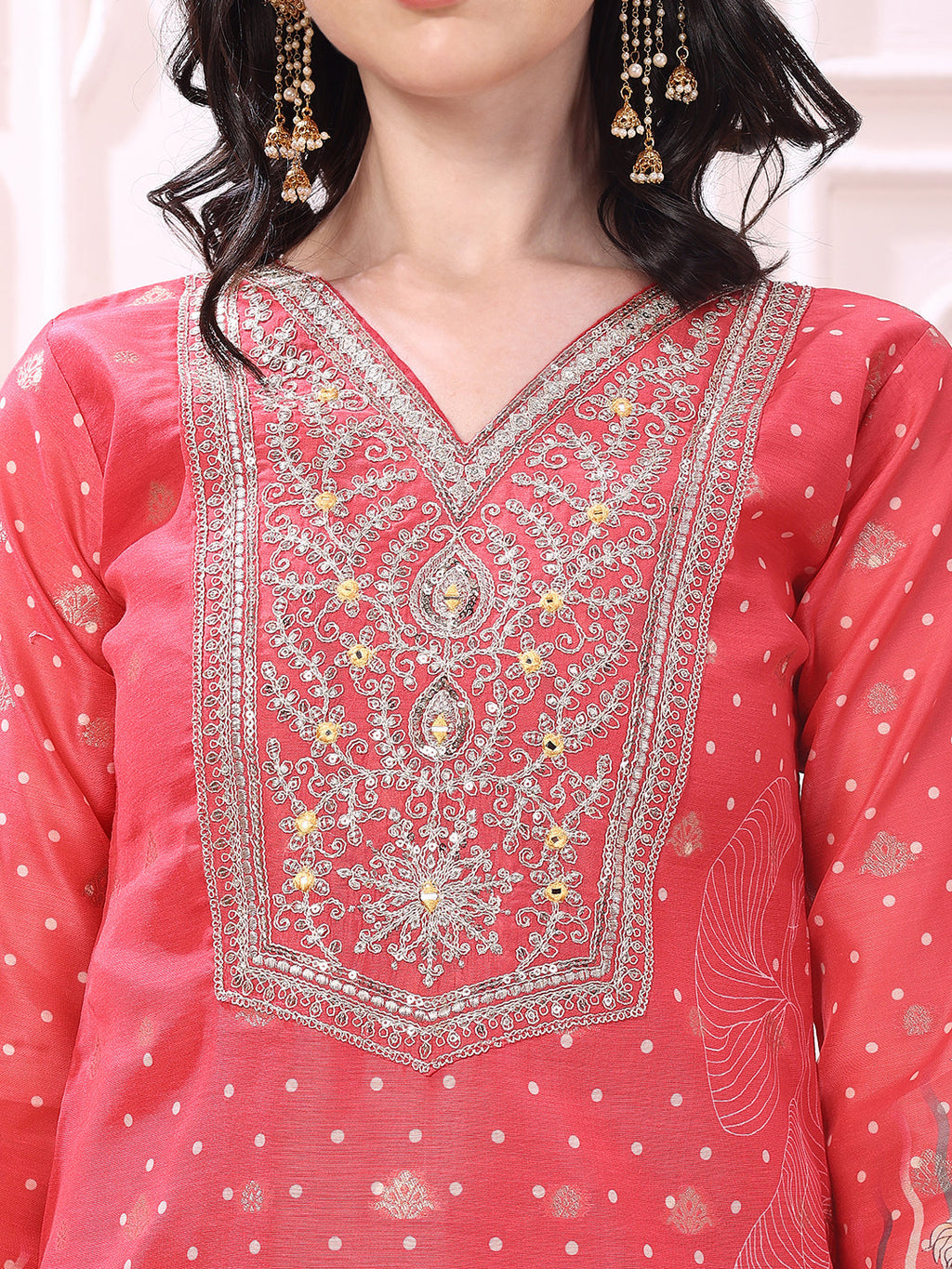 Sequinned & Thread Embroidered Kurta With Pant & Embroidered Dupatta, Coral - Hiral Fashion | Grocsy