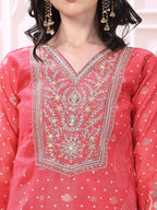 Sequinned & Thread Embroidered Kurta With Pant & Embroidered Dupatta, Coral - Hiral Fashion | Grocsy