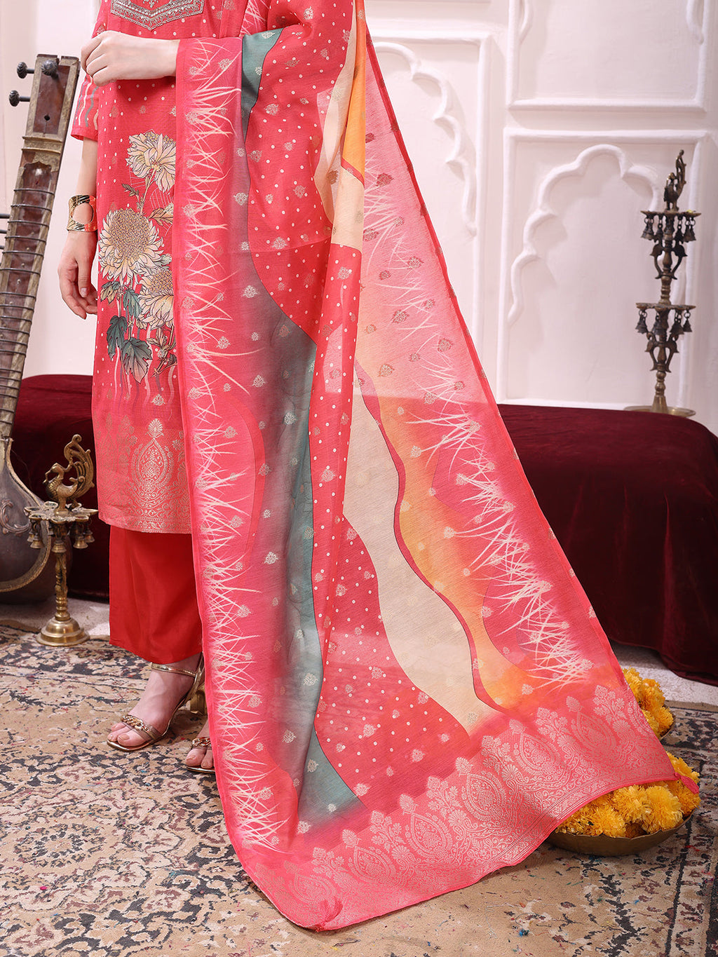 Sequinned & Thread Embroidered Kurta With Pant & Embroidered Dupatta, Coral - Hiral Fashion | Grocsy