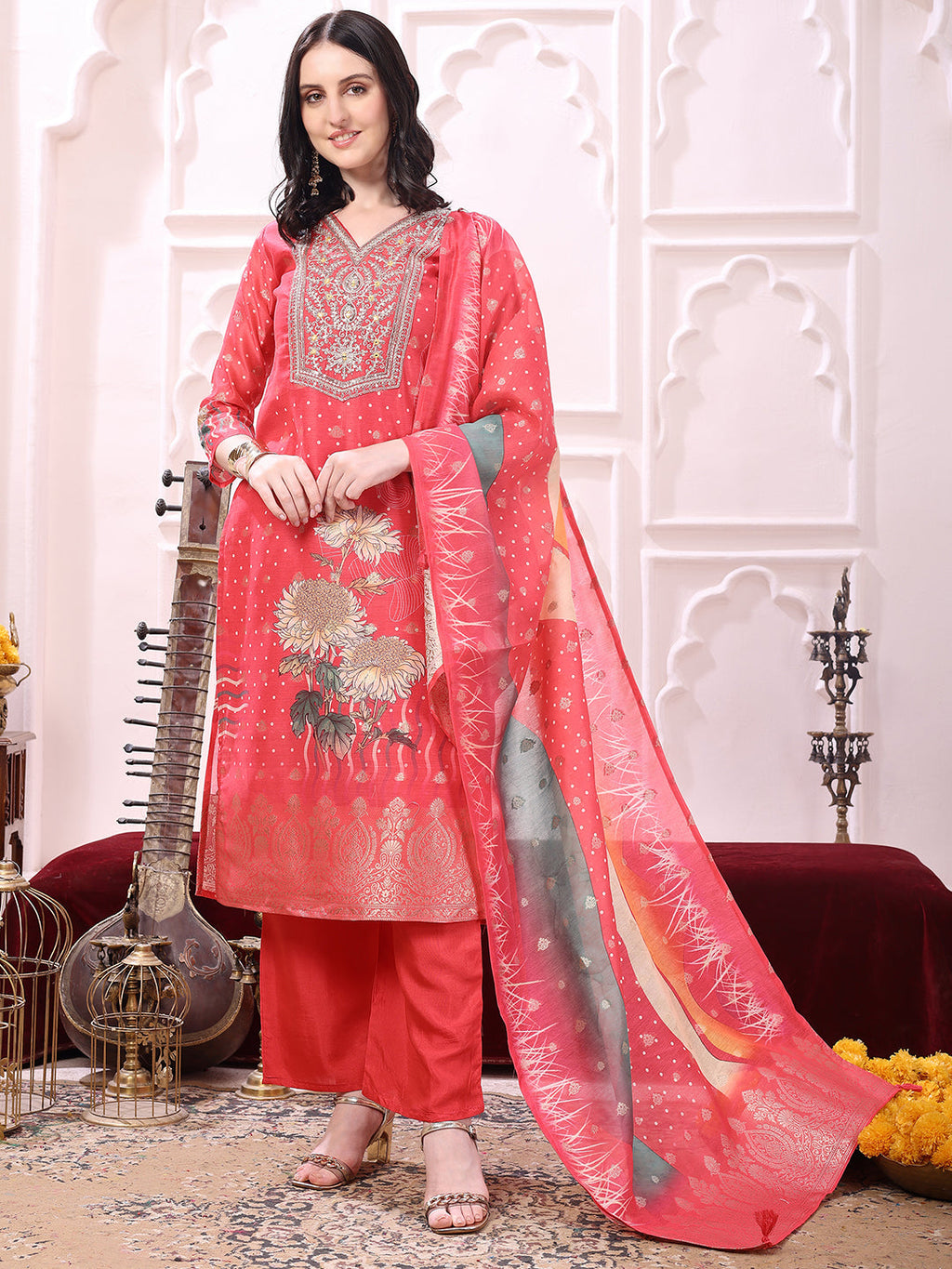 Sequinned & Thread Embroidered Kurta With Pant & Embroidered Dupatta, Coral - Hiral Fashion | Grocsy