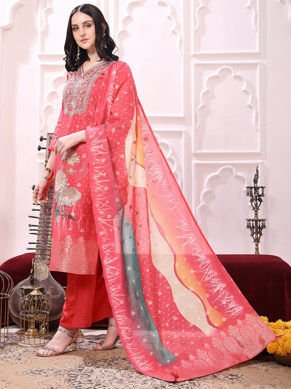 Sequinned & Thread Embroidered Kurta With Pant & Embroidered Dupatta, Coral - Hiral Fashion | Grocsy