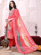 Sequinned & Thread Embroidered Kurta With Pant & Embroidered Dupatta, Coral - Hiral Fashion | Grocsy