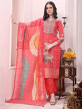 Sequinned & Thread Embroidered Kurta With Pant & Embroidered Dupatta, Coral - Hiral Fashion | Grocsy