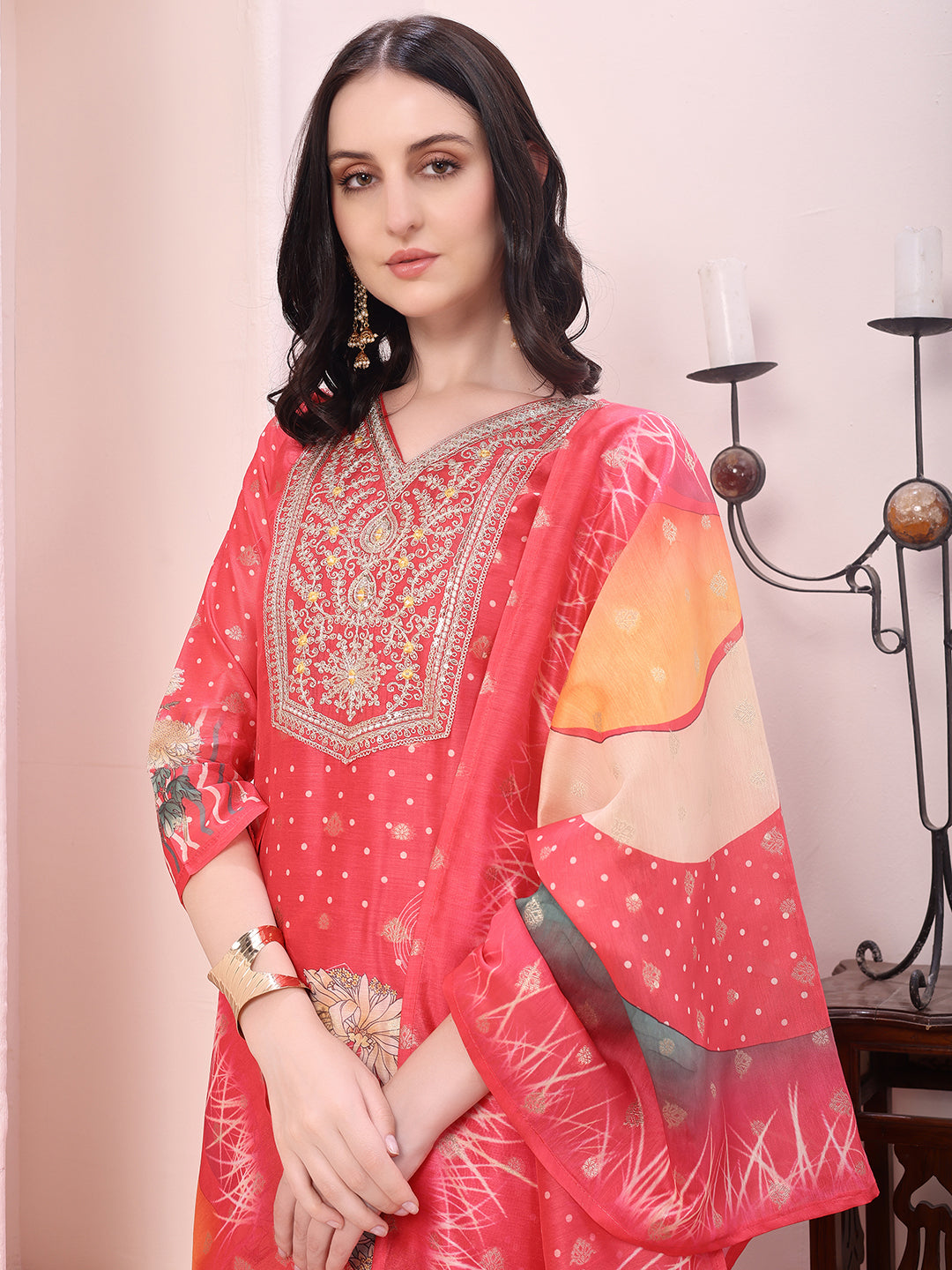 Sequinned & Thread Embroidered Kurta With Pant & Embroidered Dupatta, Coral - Hiral Fashion | Grocsy