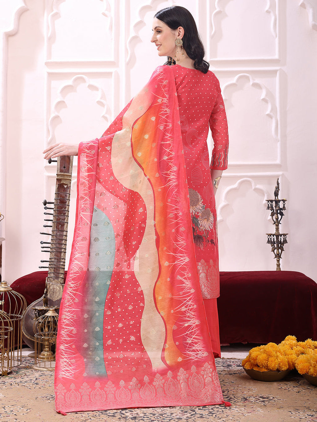 Sequinned & Thread Embroidered Kurta With Pant & Embroidered Dupatta, Coral - Hiral Fashion | Grocsy