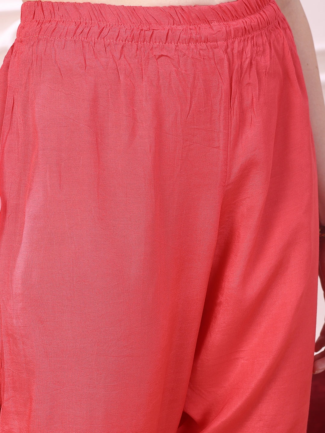 Embroidered Yoke & Floral Printed Kurta With Coordinated Dupatta And Pant Set, Coral - Hiral Fashion | Grocsy
