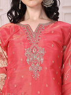 Embroidered Yoke & Floral Printed Kurta With Coordinated Dupatta And Pant Set, Coral - Hiral Fashion | Grocsy