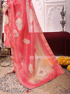Embroidered Yoke & Floral Printed Kurta With Coordinated Dupatta And Pant Set, Coral - Hiral Fashion | Grocsy