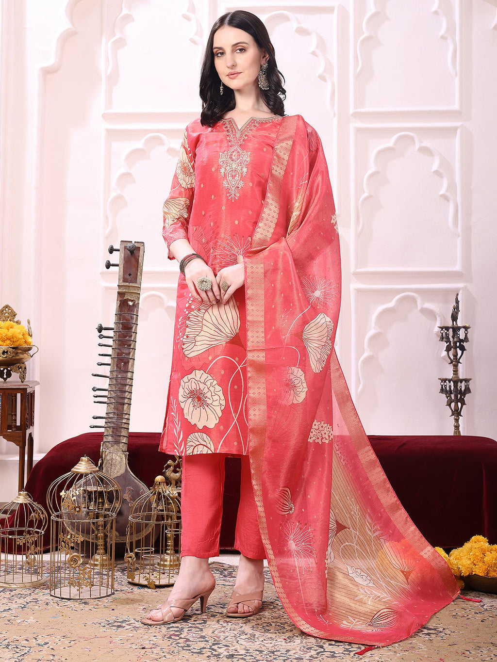 Embroidered Yoke & Floral Printed Kurta With Coordinated Dupatta And Pant Set, Coral - Hiral Fashion | Grocsy