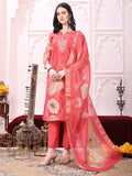 Embroidered Yoke & Floral Printed Kurta With Coordinated Dupatta And Pant Set, Coral - Hiral Fashion | Grocsy