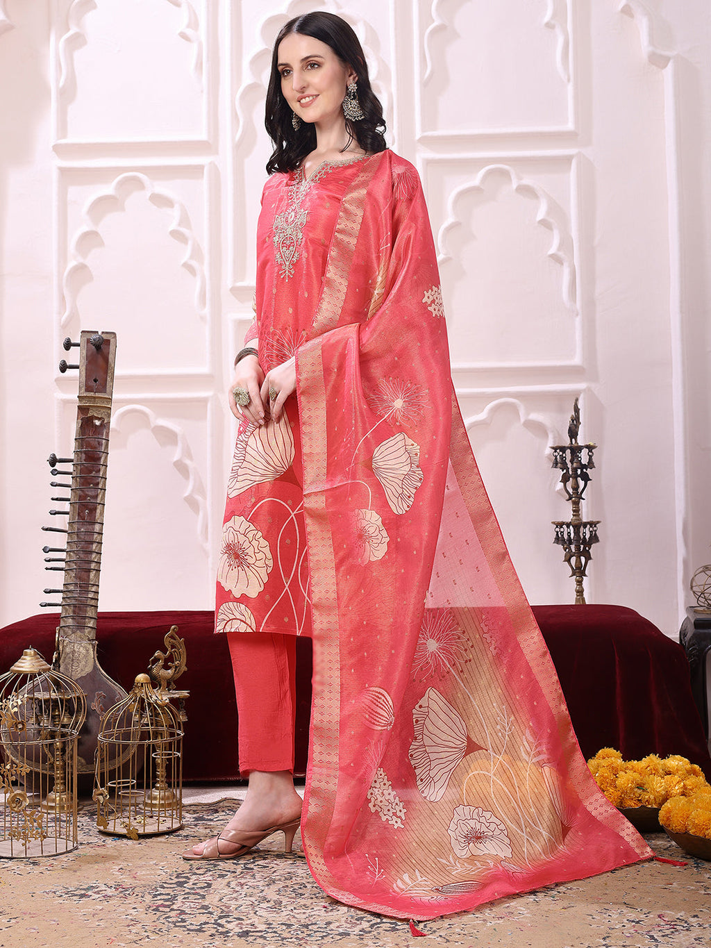 Embroidered Yoke & Floral Printed Kurta With Coordinated Dupatta And Pant Set, Coral - Hiral Fashion | Grocsy