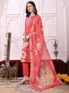 Embroidered Yoke & Floral Printed Kurta With Coordinated Dupatta And Pant Set, Coral - Hiral Fashion | Grocsy