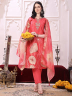 Embroidered Yoke & Floral Printed Kurta With Coordinated Dupatta And Pant Set, Coral - Hiral Fashion | Grocsy