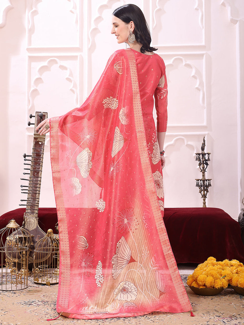 Embroidered Yoke & Floral Printed Kurta With Coordinated Dupatta And Pant Set, Coral - Hiral Fashion | Grocsy