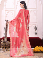 Embroidered Yoke & Floral Printed Kurta With Coordinated Dupatta And Pant Set, Coral - Hiral Fashion | Grocsy