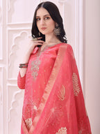 Embroidered Yoke & Floral Printed Kurta With Coordinated Dupatta And Pant Set, Coral - Hiral Fashion | Grocsy